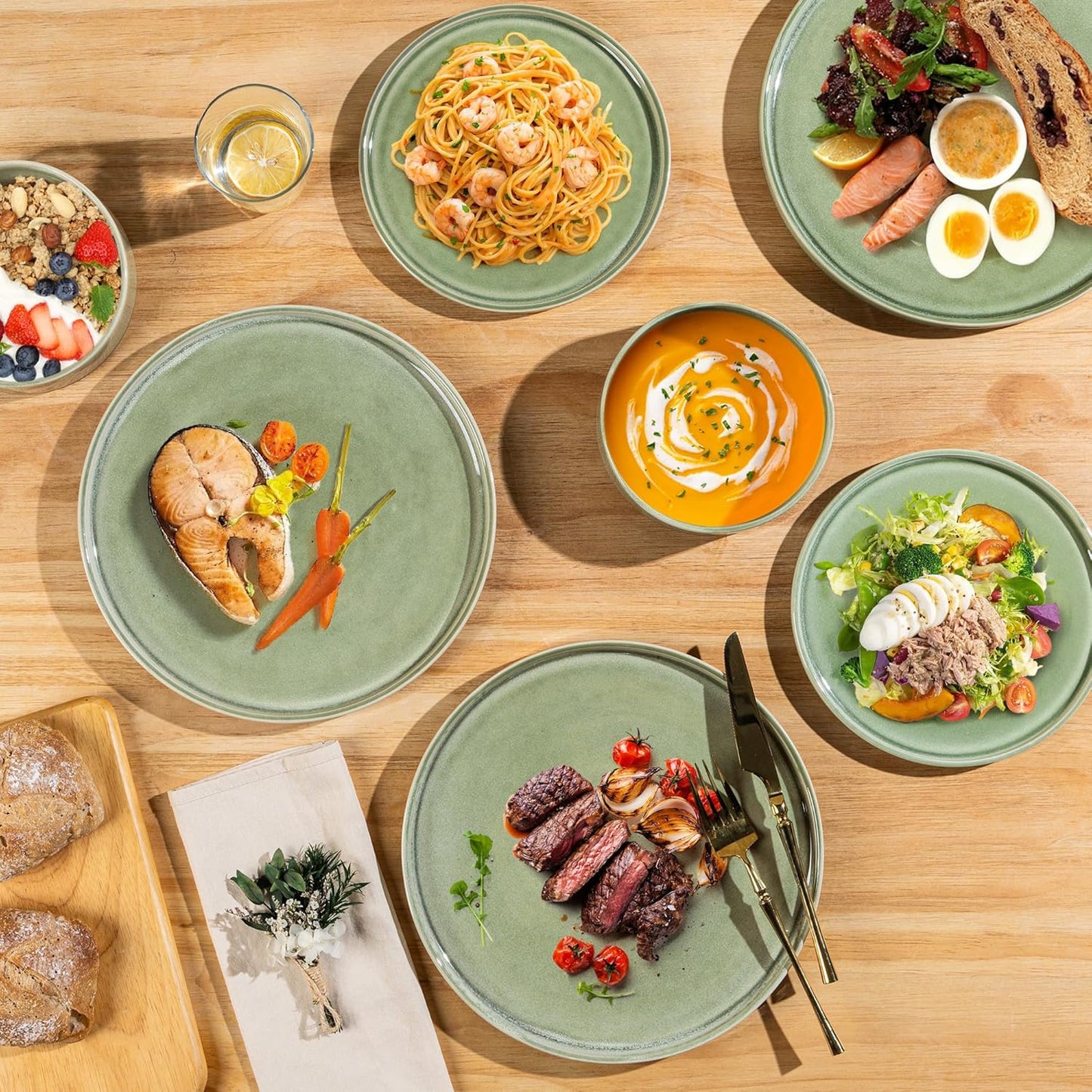 AmorArc Ceramic Dinnerware Sets, Handmade Reactive Glaze Stoneware Plates and Bowls Sets,Highly Chip and Crack Resistant | Dishwasher & Microwave Safe Dishes Set, Service for 6 (18pc)