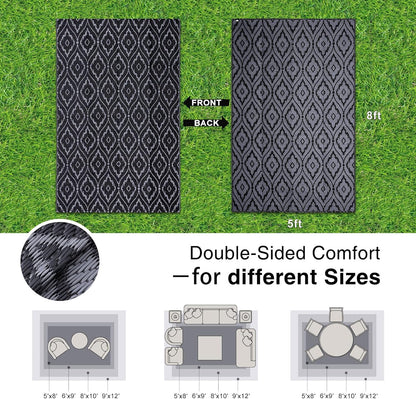 OLANLY Outdoor Rug 5x8 ft Waterproof, Outdoor Plastic Straw Rug with Geometric Pattern Clearance, Reversible RV Mat for Patio, Camping, Balcony, Deck, Backyard, Black & Grey
