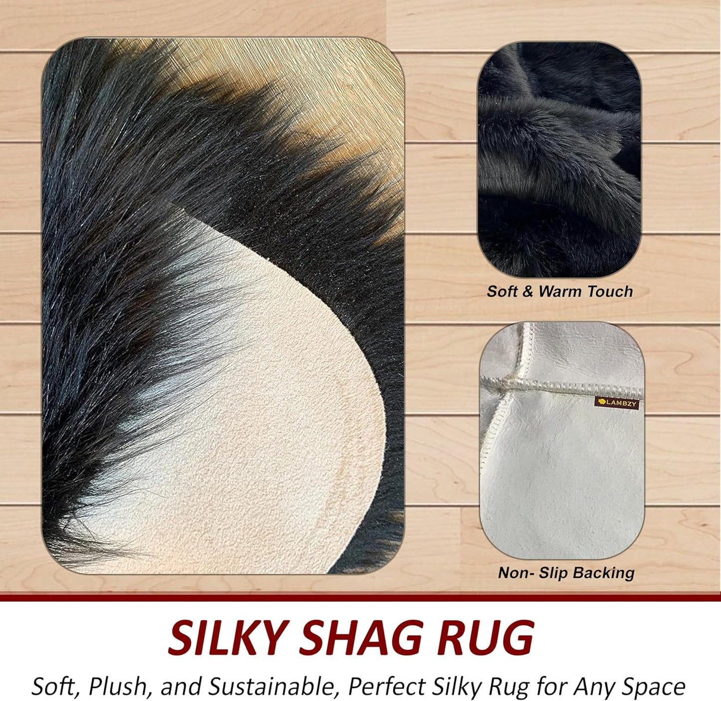 LAMBZY Faux Sheepskin Hypoallergenic Free Shape Silky Shag Rug, Luxury Shaggy Silky Plush Carpet for Bedrooms Rugs Living Room Kids Rooms Sofa Floor Rugs (Single 2'x3',60x90cm, Black)