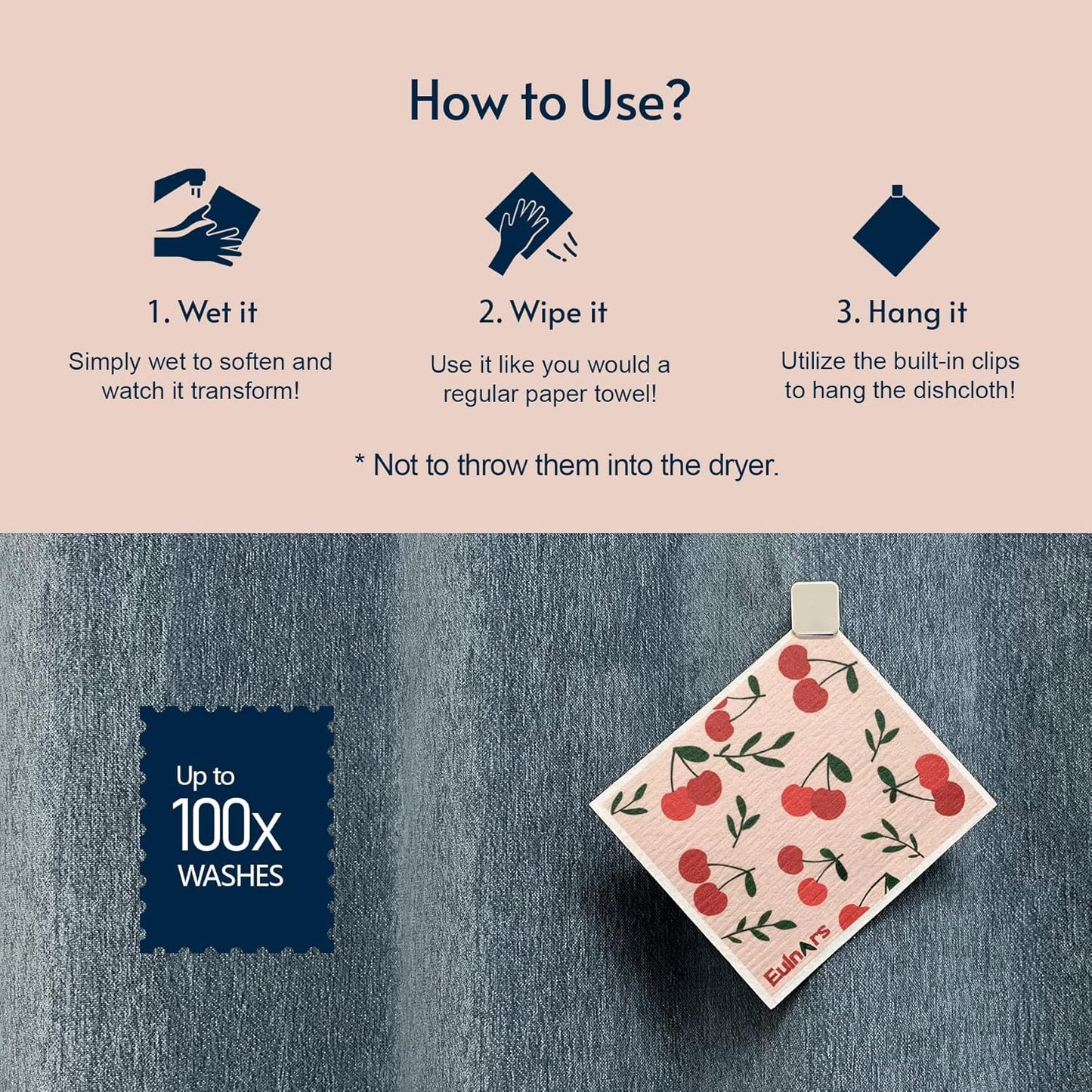 Swedish Dishcloths for Kitchen, 8 Pack Reusable Paper Towels with Clips, Non-Scratch Swedish Kitchen Towels, Super Absorbent Cellulose Sponge Cloths, Dishwasher Safe, No Odor