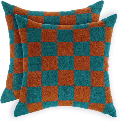 Alysheer Checkered Embroidered Decorative Throw Pillow Covers 18"x 18" Set of 2, Farmhouse Cottage Teal Brown Plaid Tufted Patterned Cotton Canvas Cushion Case for Sofa Couch Bed Living Room