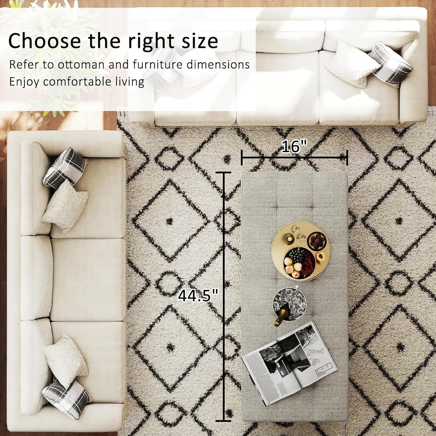 Large Rectangular Upholstered Ottoman Bench, Linen Tufted Footrest Ottoman with Solid Wood Shelf Storage Coffee Table for Bedroom Living Room, Linen