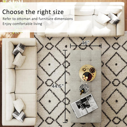 Large Rectangular Upholstered Ottoman Bench, Linen Tufted Footrest Ottoman with Solid Wood Shelf Storage Coffee Table for Bedroom Living Room, Linen