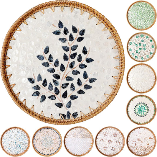 Round Rattan Tray with Mother of Pearl Inlay & Wooden Base - Decorative Wicker Serving Tray for Coffee/Bread/Fruits, Food Storage & Display - Multipurpose Home Decor