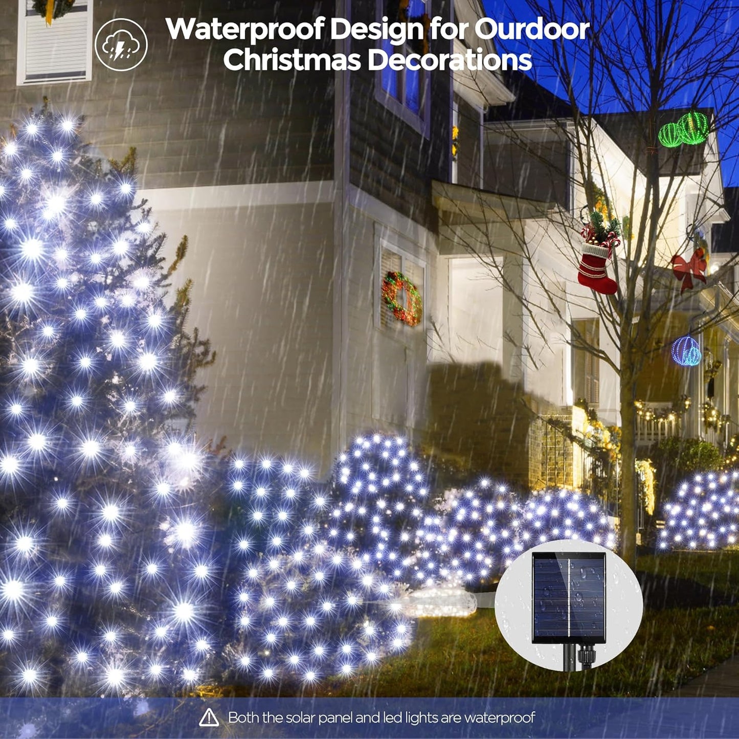 WBao Solar Christmas Lights Outdoor 200LED F8 Big Bulbs, 8.4ft x 5.2ft Christmas Net Lights with Remote Control, 8 Modes, Timer, Waterproof for Lawn, Bushes, Outdoor Christmas Decorations, Cool White