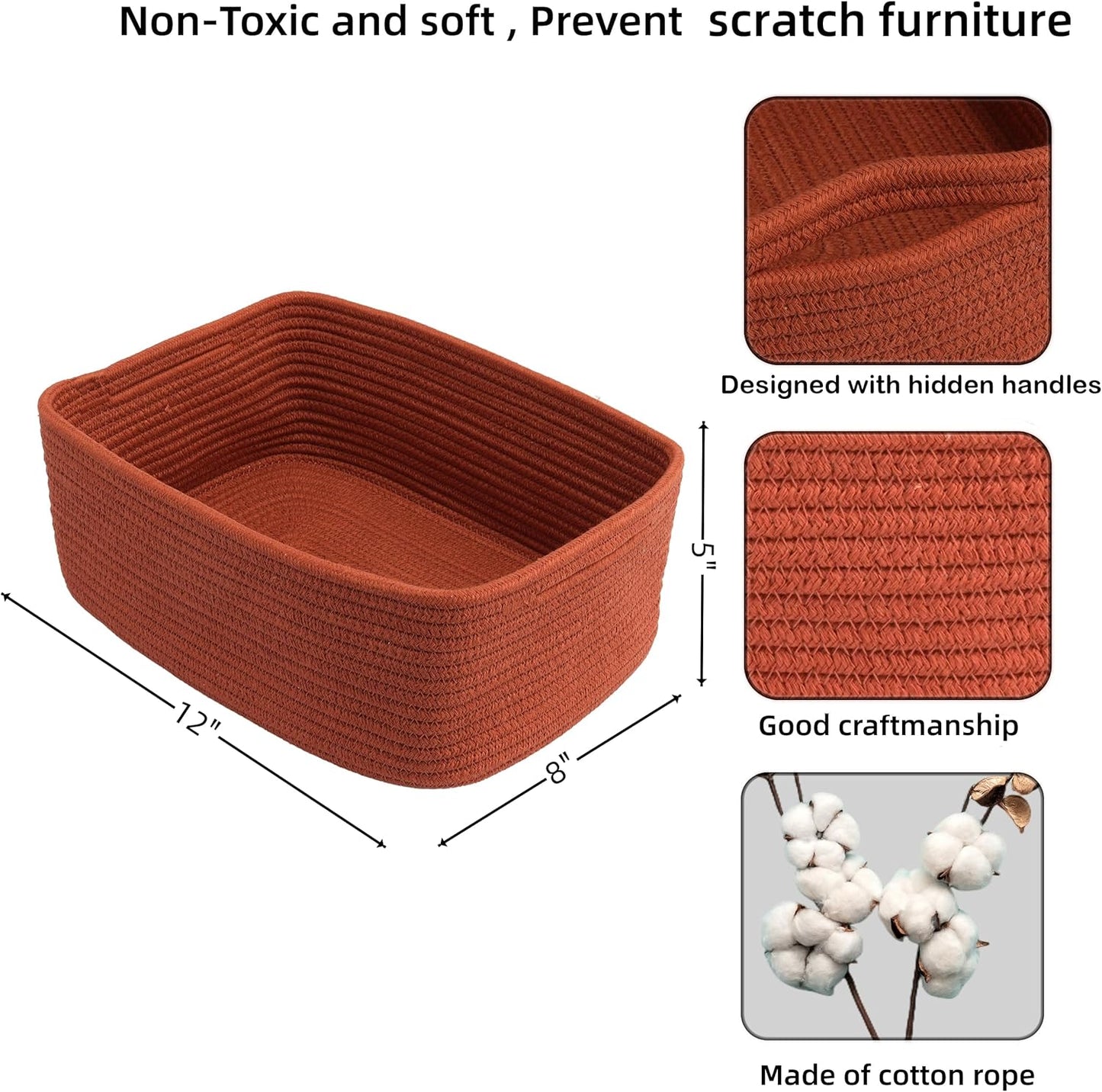 Small Woven Storage Baskets 12“X8”X5“ Decorative Rope Bins for Organizing Shelves, Closets, and Toys, Empty Gift Baskets, Cute Organizer Basket for Home and Office (rustic, regular)