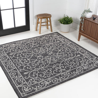 JONATHAN Y Vintage Filigree Indoor Outdoor Square Area Rug 8X8 Black/Gray, Charleston Textured Weave for Backyard, Patio, Porch, Easy-Cleaning, High Traffic, Pet-Friendly, Non-Shedding (SMB106G-8SQ)