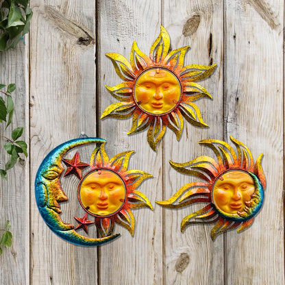 Sun Face Metal Wall Art Décor Outdoor Indoor, Sun Moon Star, Metal Glass Hanging for Garden Sun Face Sculptures & Statues Statues Wall Art for Farmhouse, Patio, Garden Decoration(3 Pack)