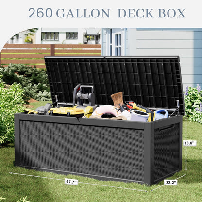 NUNU LAB 260 Gallon Outdoor Storage Box,Resin Large Sturdy Deck Box, Backyard Outside Storage Box Waterproof with Double Wall Panels,Package Delivery Garden Outdoor Hose Bin