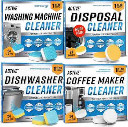 Washer Dishwasher Disposal & Coffee Cleaner Tablets - 96 Tabs Includes ACTIVE Washing Machine Cleaner, Dishwasher, Disposer, Coffee Maker Descale Tabs - Deep Clean & Refresh Appliance - 1 Year Supply
