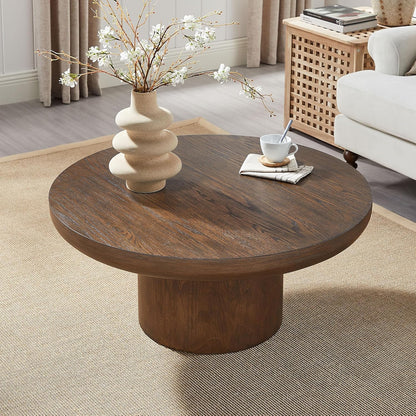 WILLIAMSPACE 35.98" Round Coffee Table with Cylindrical Base, Modern Wood Drum Center Table, Accent Side End Table for Living Room Apartment, φ35.98"*15.98"H (Dark Brown)