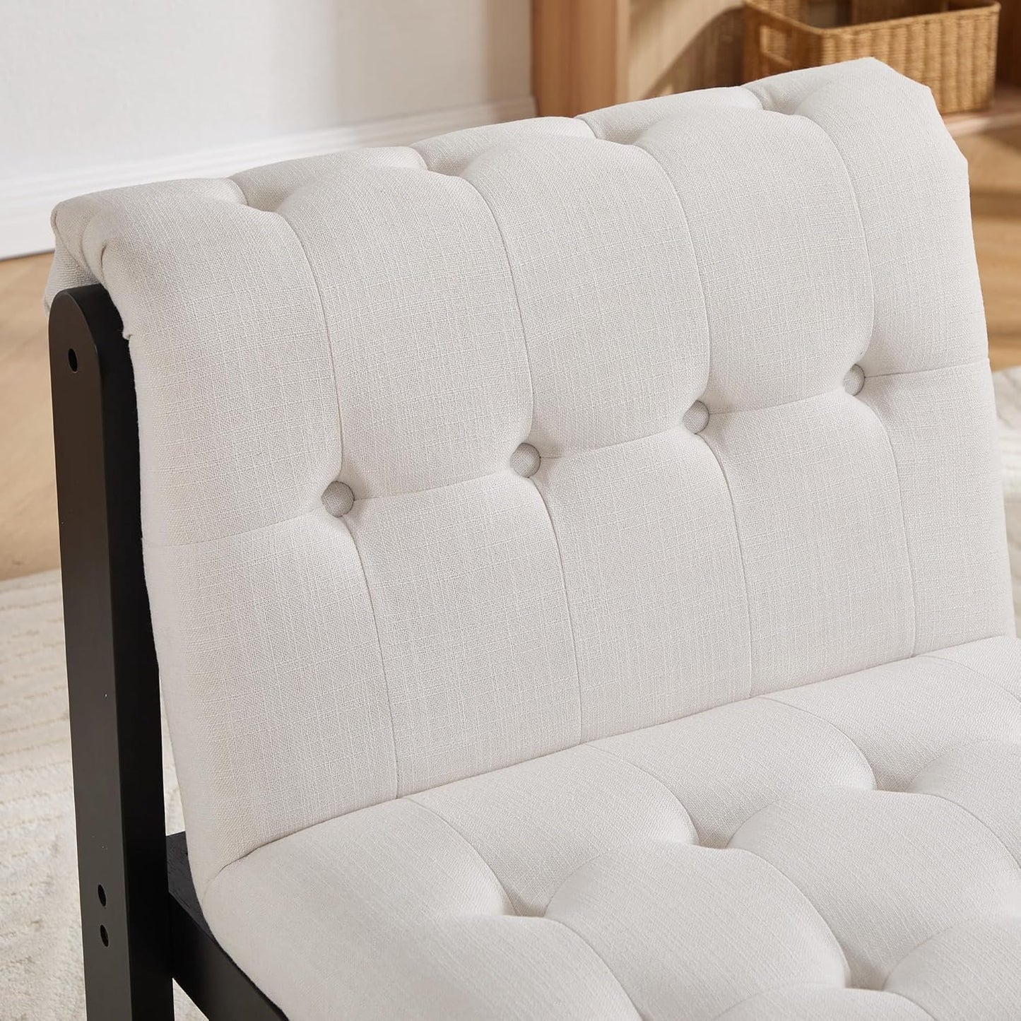 Modern Armless Accent Chair Set of 2 for Living Room, Beige Chenille Button Tufted Upholstered Lounge Reading Chair with Black Wood Frame