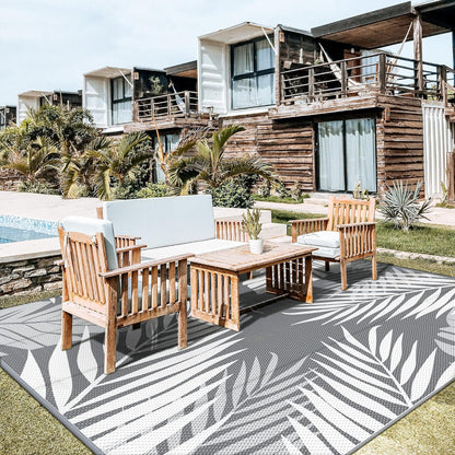 GENIMO Outdoor Rug 10' x 10' Waterproof for Patios Clearance, Reversible Outdoor Plastic Straw Camping Rug Carpet, Large Area Rugs Mats for RV, Camper, Deck, Balcony, Porch, Beach, Picnic, Grey&White