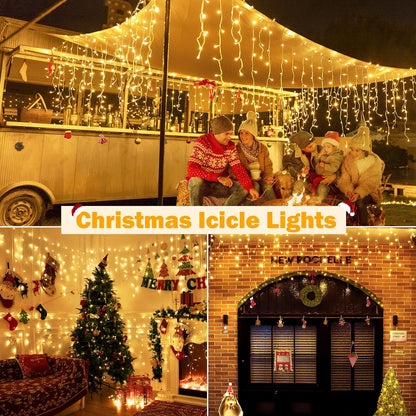 Ollny Icicle Lights for Outside 720LED 60FT, Warm White Christmas Lights with Remote 8 Modes Dimmable, Waterproof Connectable Timer Hanging Light for House Outdoor Yard Indoor Decorations