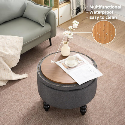 Fabric Round Ottoman with Storage, Upholstered Tufted Storage Footstool, Modern Wooden Coffee Table for Living Room, Bedroom, Dark Grey