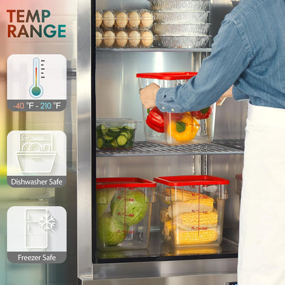 CURTA 4-Pack Food Storage Containers with Green Lids - 2 Qt & 4 Qt Square Clear Polycarbonate - NSF Listed, Commercial Grade, Freezer & Dishwasher Safe, Stackable