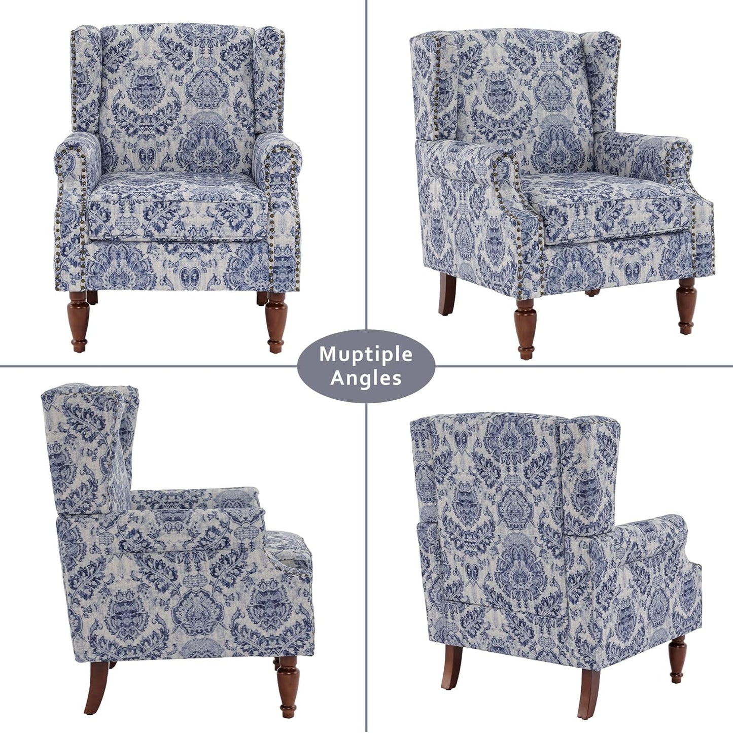 Lumibee Wingback Accent Chair,High Back Floral Armchairs in Fabric,Comfy Upholstered Reading Single Sofa Chair with Solid Wood Legs for Living Room,Bedroom,Office-Navy
