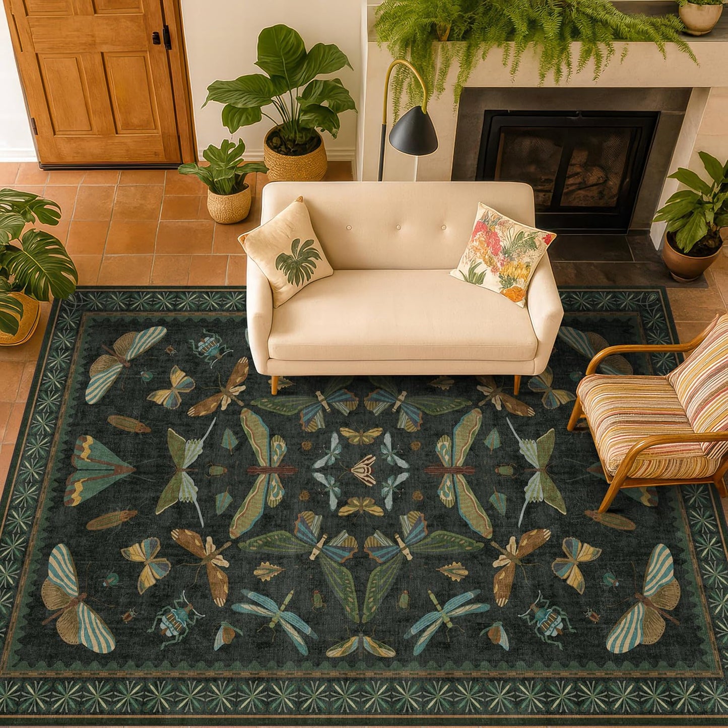 Black and Green Rug 5x8 for Living Room - Dark Moody Rugs for Dining Room Table, Playroom, Home Office, Insect Floral Moth Décor, Washable Non Skid Foldable