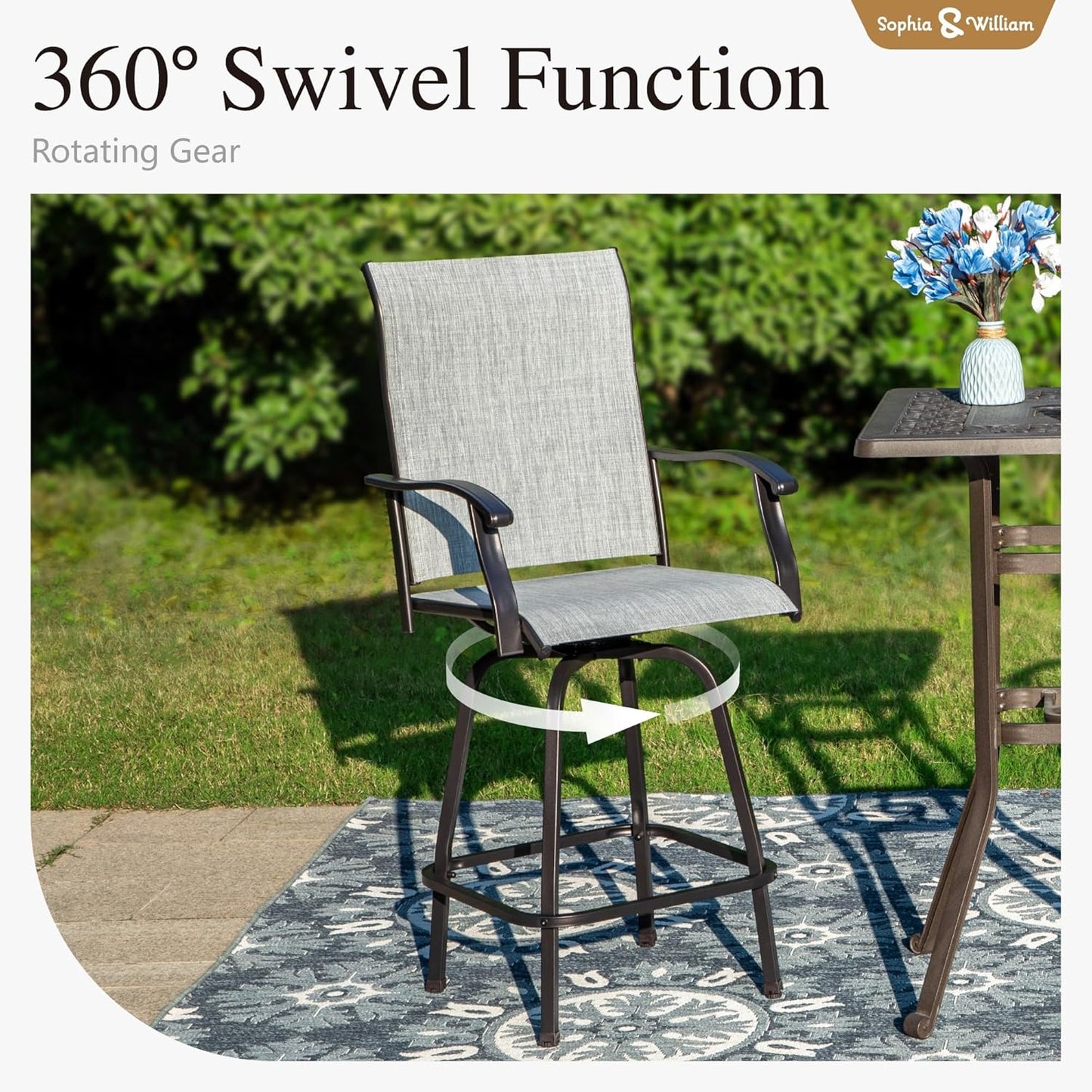 Sophia & William Outdoor Bar Set, Patio Bar Table and Chairs Set, Bar Height Patio Set - 4 x Swivel Bar Chairs(Grey), 1 x Rectangular Bar Table(Wood-Like)