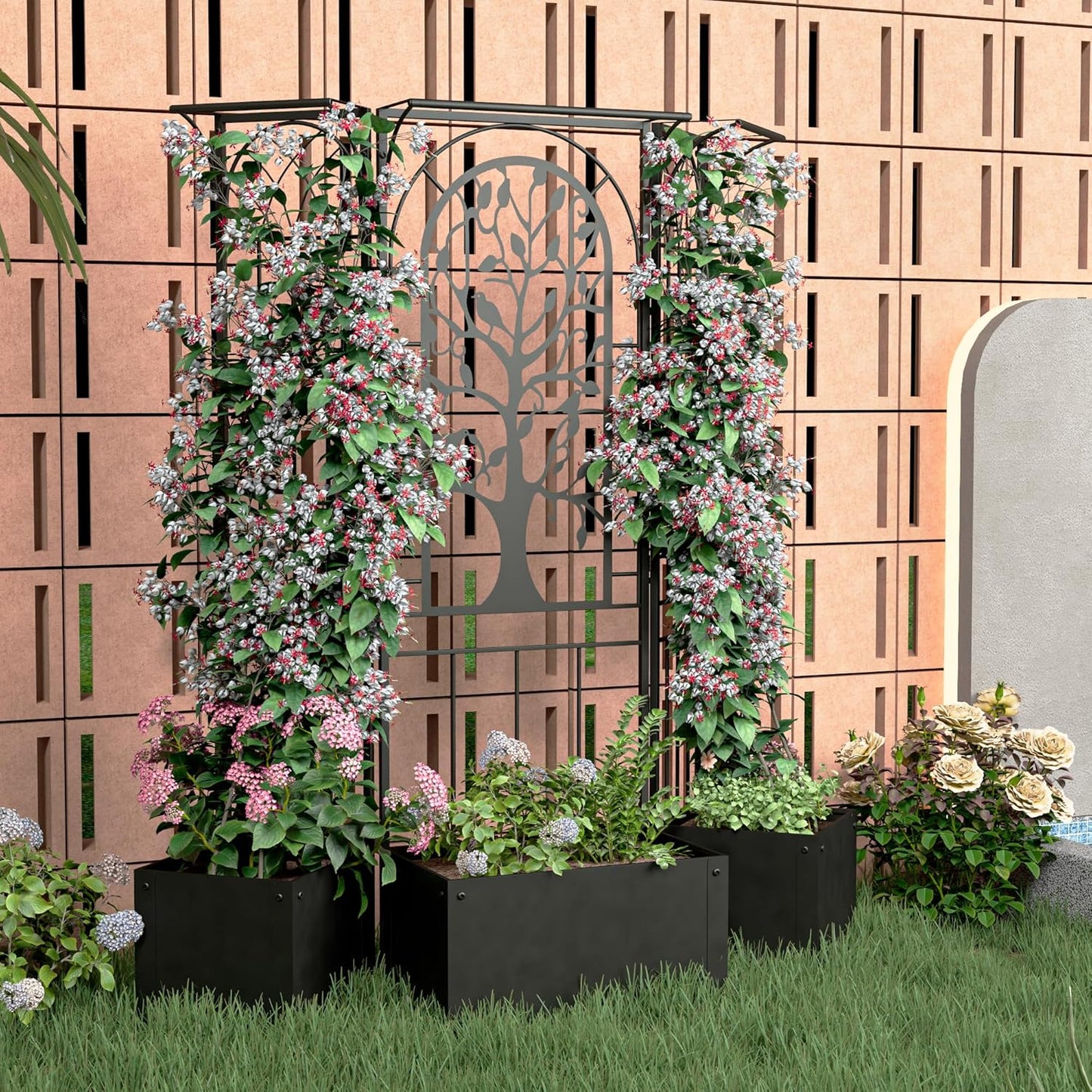 Metal Planter Box with Trellis, Outdoor Raised Garden Bed with Privacy Screen, Trellis Planter Boxes for Climbing Plants, Vines, Vegetables, Flowers, 62 Inch Tall, Patio Decor (Black)