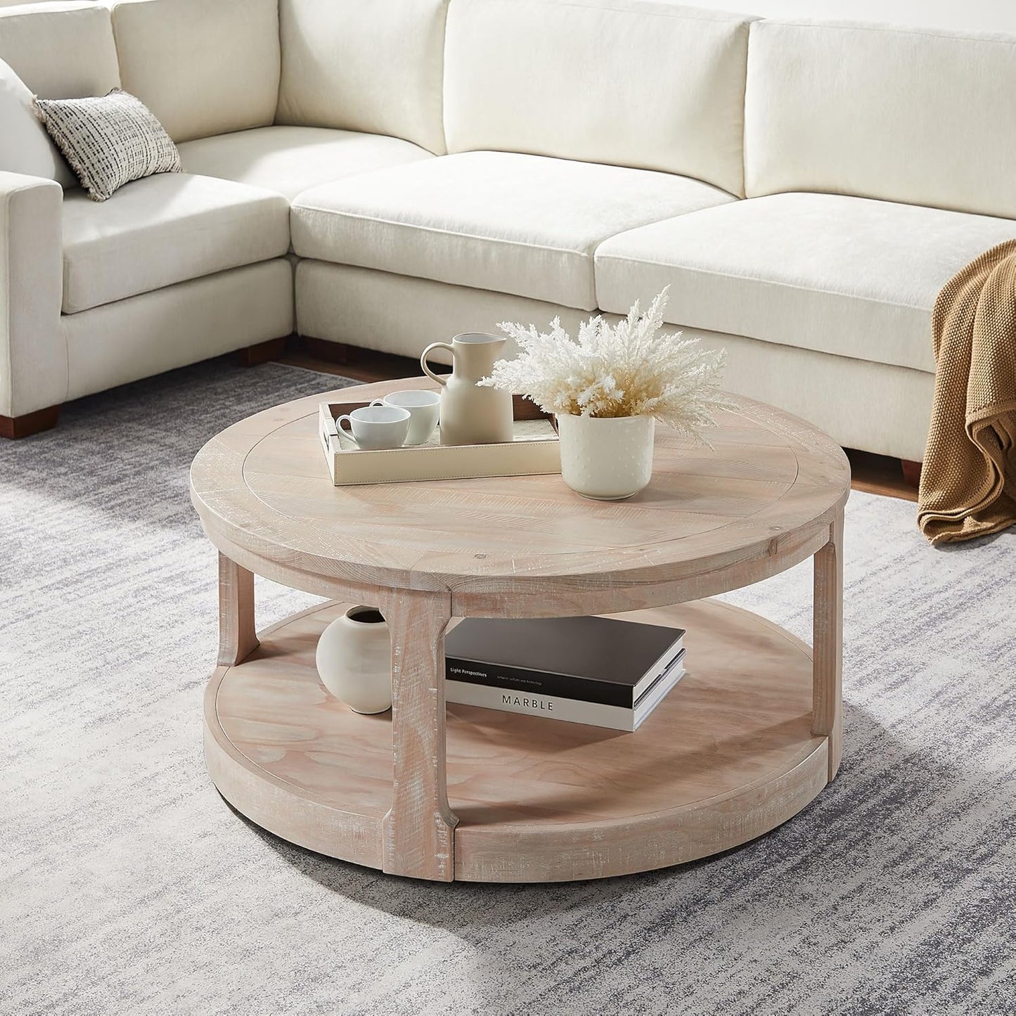 WILLIAMSPACE 40" Round Coffee Table with Wheels, Circle 2 Tier Solid Wood Center Coffee Table, Mid Century Retro Farmhouse Rounded End Table for Living Room Apartment, ø40 x 17.52" H (Oak)