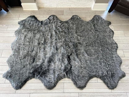 LAMBZY Faux Sheepskin Super Soft Hypoallergenic Free Shape Silky Shag Rug, Luxury Shaggy Silky Plush Carpet for Bedrooms Living Kids Room Sofa Rugs (Black with White Tips, Octo 8 Pelts 6'x8')