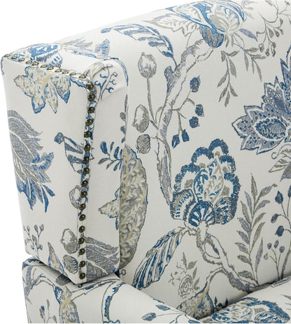 UIXE High Back Floral Accent Chairs Set of 2, Upholstered Armchair in Fabric, Retro Printed Wingback Arm Chair for Living Room, Nailhead Trim Single Sofa Bedroom Reading Seat - Plants Blue