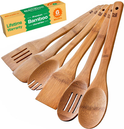 Riveira Dark Bamboo Wooden Spoons for Cooking 6-Piece, Apartment Essentials Wood Spatula Spoon Nonstick Kitchen Utensil Set Premium Quality Housewarming Gifts for Everyday Use