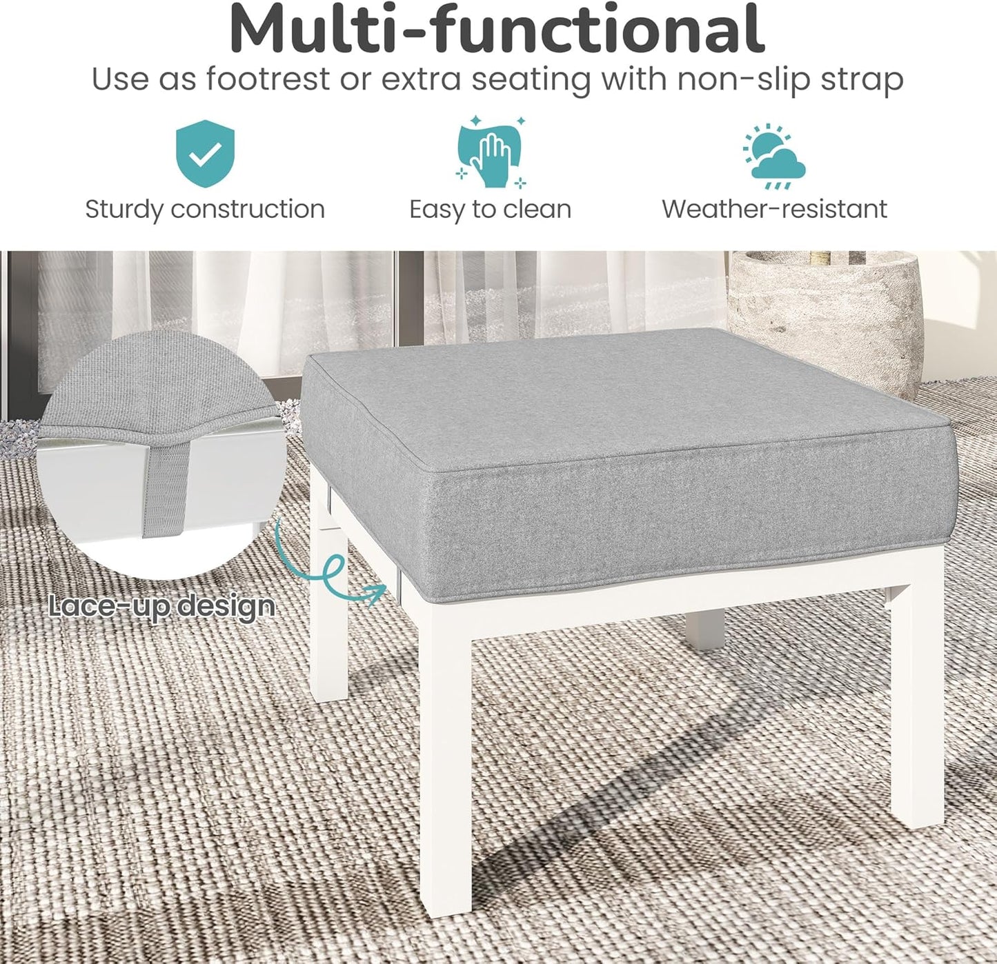 Solaste Outdoor Footstools Patio Ottoman Set of 2, Aluminum All-Weather Outdoor Footrest Seat with Removable Cushions, Patio Furniture Ottomans for Garden, Backyard, Poolside-White