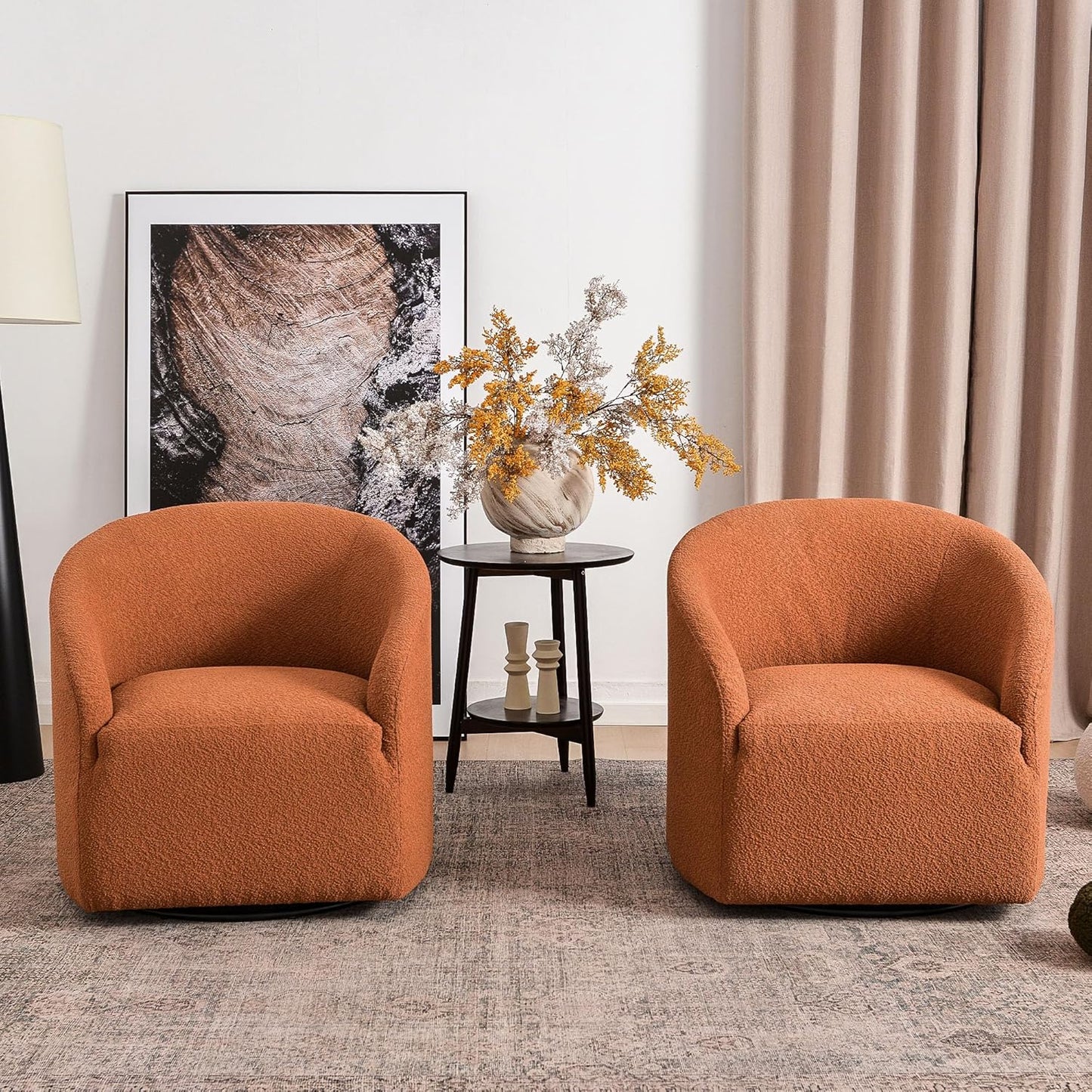 KINWELL 32" Wide Swivel Barrel Chairs Set of 2, Boucle Upholstered Swivel Accent Chairs, Mid-Century 360 Degree Swivel Chairs, No Assembly Round Armchairs for Living Room, Bedroom (Caramel)