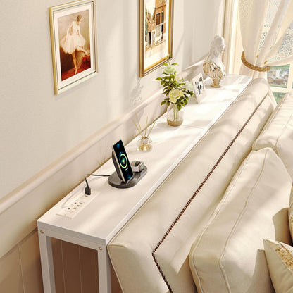 SUPERJARE Console Table with Outlet, 63 Inch Sofa Table with Charging Station, Narrow Entryway Table, Skinny Hallway Table, Behind Couch Table, for Living Room, Plants, White