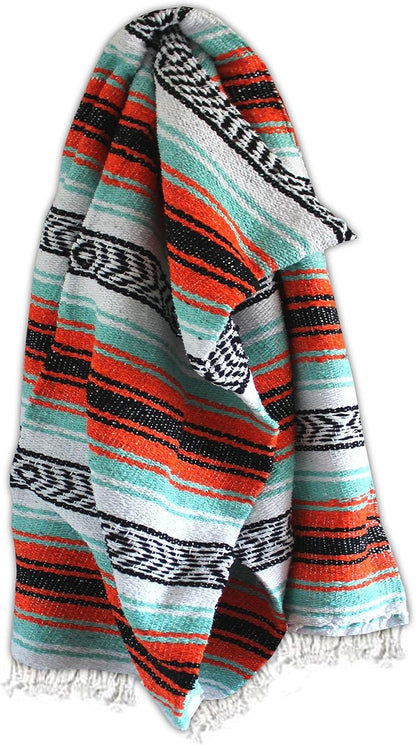Del Mex Classic Mexican Blanket, Large Authentic Woven Falsa Throw (70"x50"), Artisan Southwest Décor for Beach, Yoga, Outdoors (Mint/Orange)