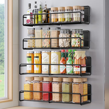 4 Pack Magnetic Spice Rack for Refrigerator, Magnetic Shelf Fridge Organizer for Kitchen Storage, Black