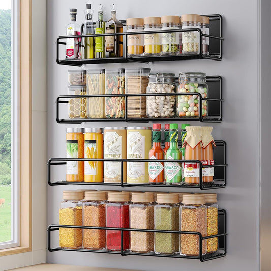 4 Pack Magnetic Spice Rack for Refrigerator, Magnetic Shelf Fridge Organizer for Kitchen Storage, Black