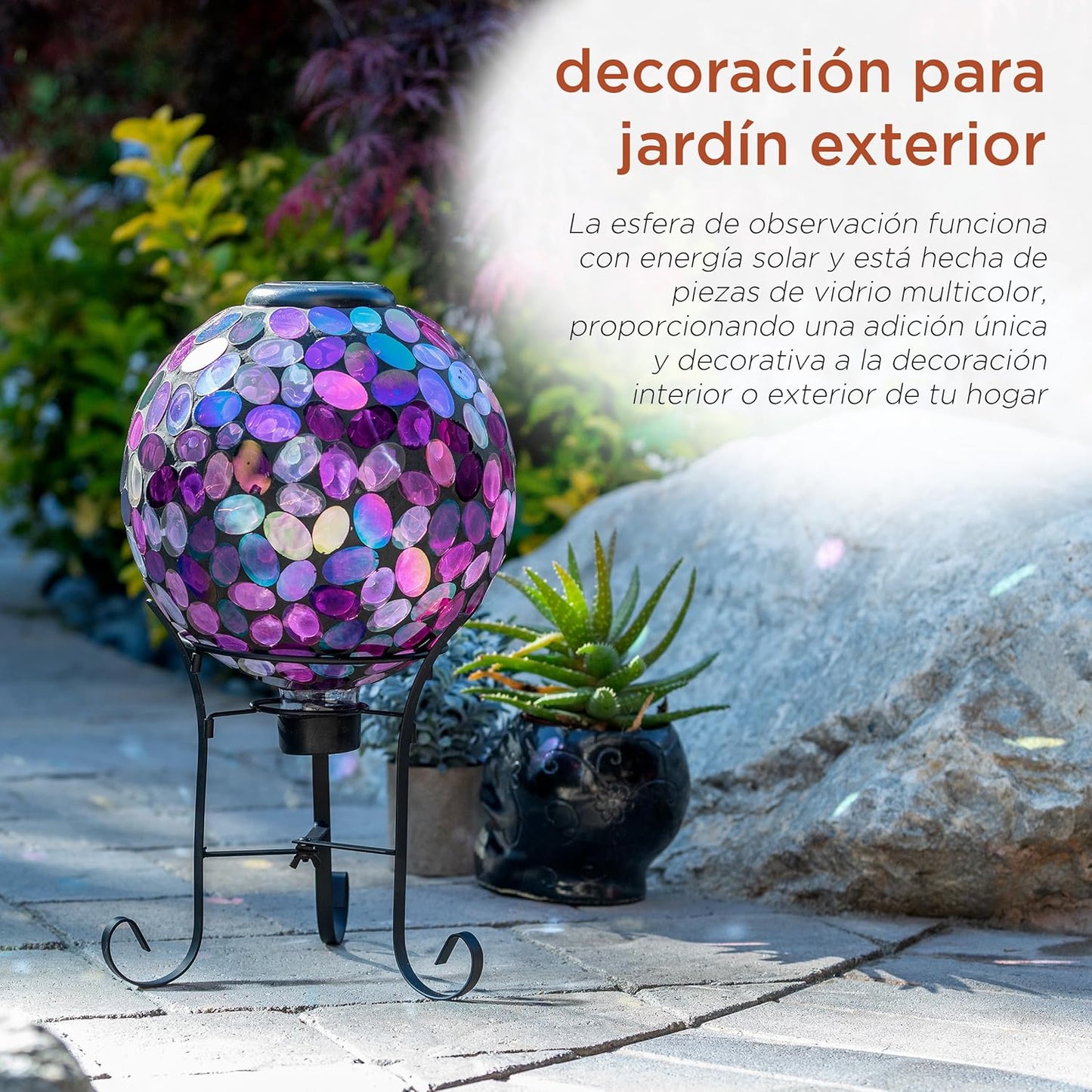Alpine Corporation Outdoor Solar Powered Pink Glass Mosaic Gazing Globe with LED Lights and Metal Stand, Violet