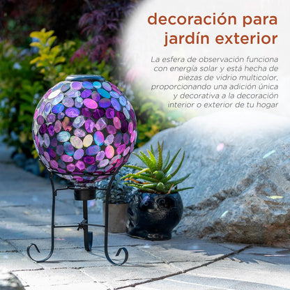 Alpine Corporation Outdoor Solar Powered Pink Glass Mosaic Gazing Globe with LED Lights and Metal Stand, Violet