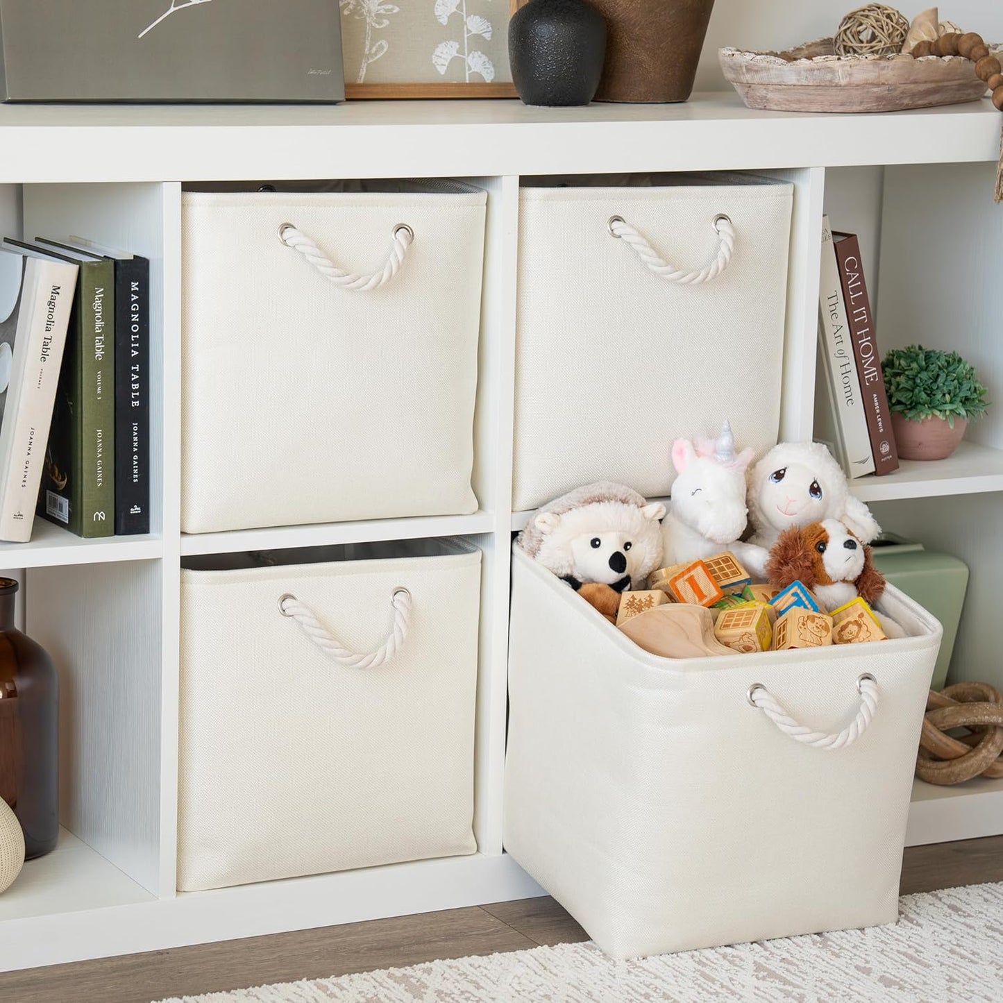 OrganiHaus 13x13 Cube Storage Bins 4 Pack, Foldable Cube Storage Organizer w/ Rope Handles, Collapsible Fabric Bins for Toys, Clothes & Closet Organization, Fabric Square Baskets - Off-White