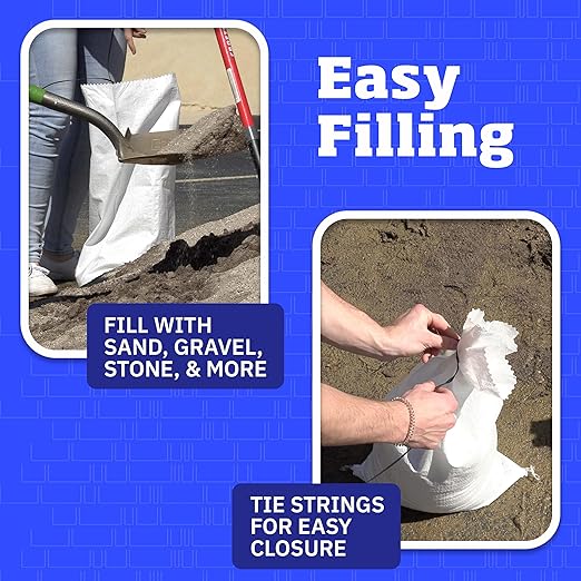 DURASACK Heavy Duty Sand Bags with Tie Strings Empty Woven Polypropylene Sand-Bags for Flood Control with 1600 Hours of UV Protection, 50 lbs Capacity, 14x26 inches, White, 6000 Count