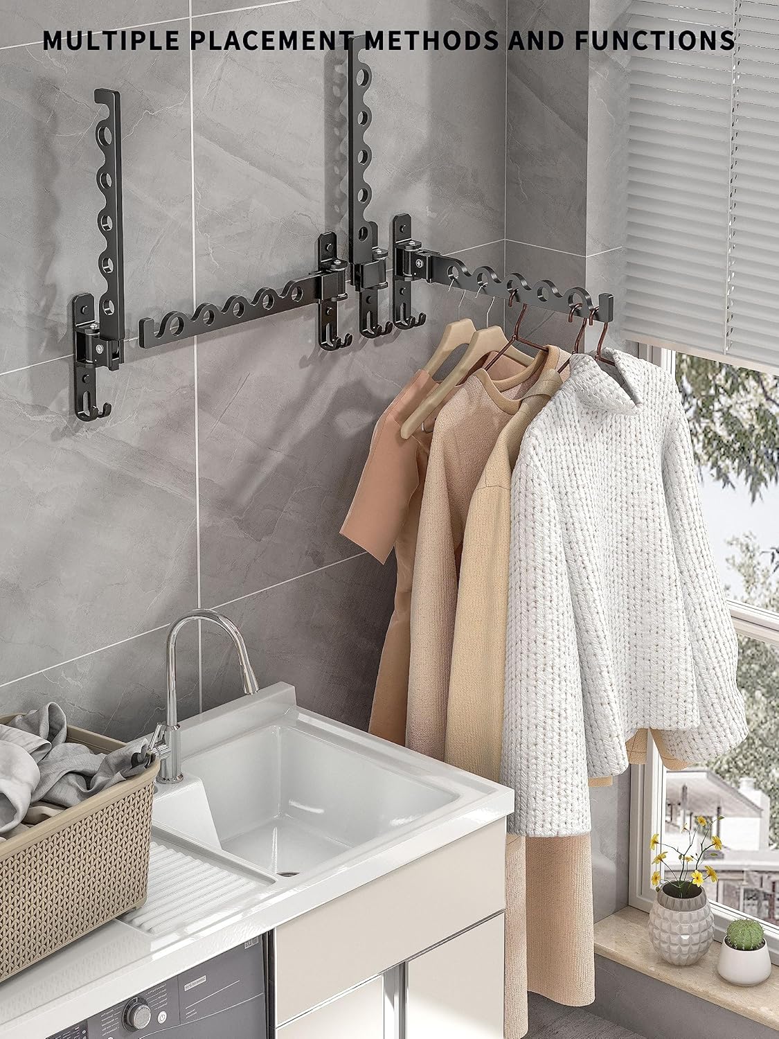 Dr.DJ Wall Hanger for Clothes, Coat Hanger Mounted Matte Black Retractable Clothes Drying Organizer Rack Garment Hooks Aluminium Folding Indoor Space Saver (2 Racks) Black