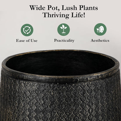 Worth Garden Large Round Planters Set of 2 (14.5"x17.5" & 12" x15“) - Lightweight Magnesium Oxide Cement Plant Pot with Texture - Concrete Look with Drainage Hole – Indoor & Outdoor Use - Black Gold