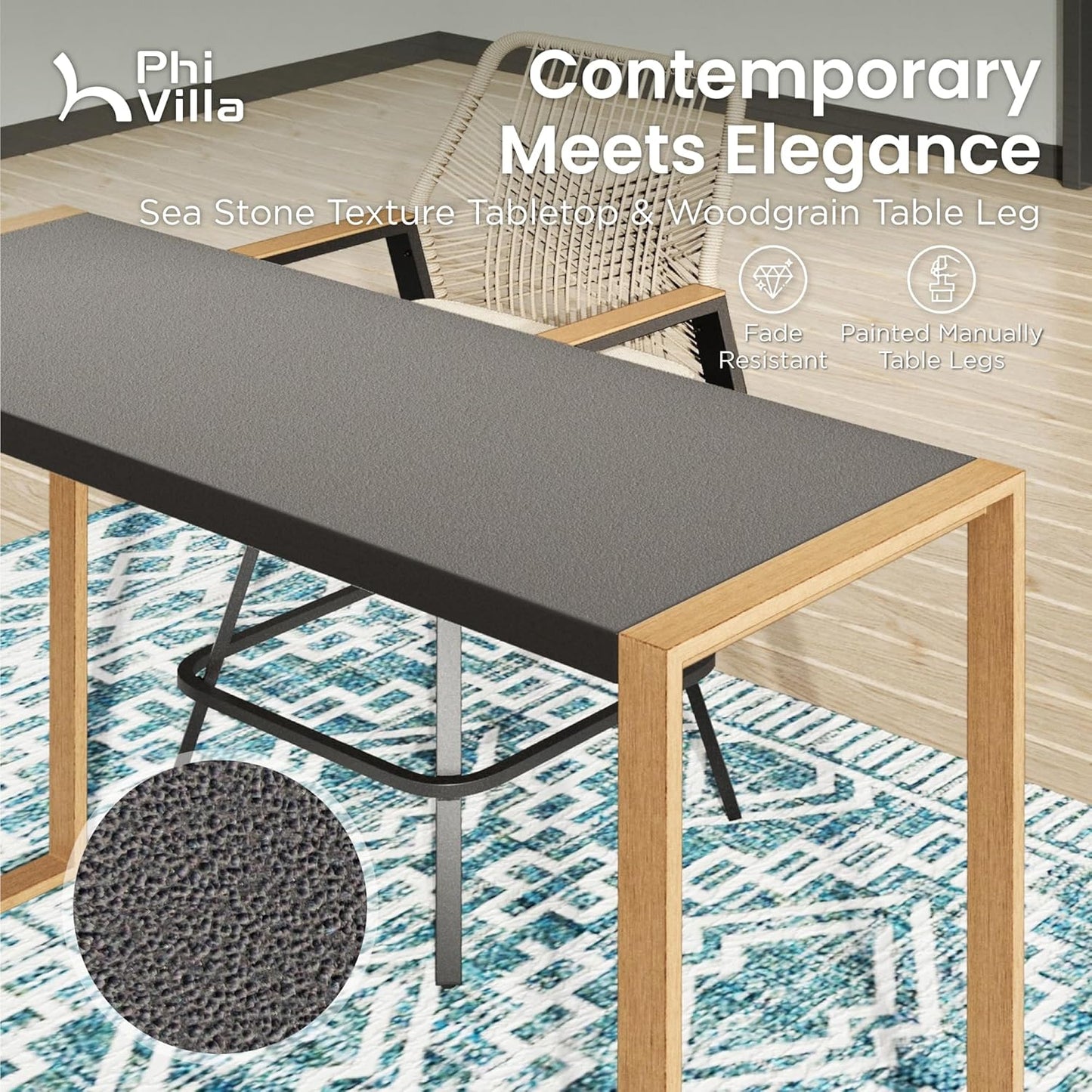 PHI VILLA Outdoor Bar Table for 2-4 Person - 55" W x 40" H Bar Height Patio Bistro Table with Stone Texture Top & Adjustable Non-Scratch Feet for Garden, Backyard, Poolside, Balcony, Patio Dining