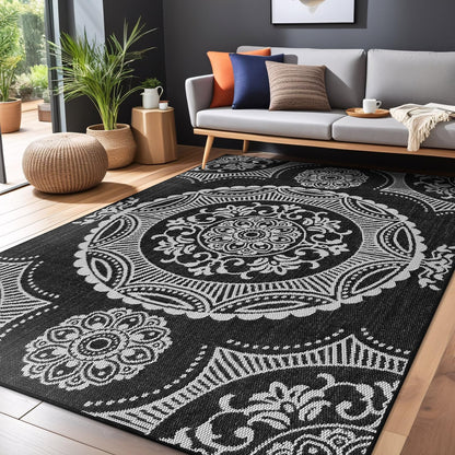 Medallion Outdoor Rug 10x14 Washable Outside Carpet for Indoor Patio Porch Waterproof Easy Cleaning Non Shedding Area Rugs Black 10 x 14