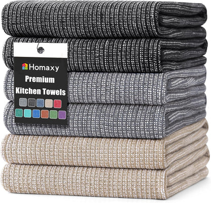 Homaxy Premium Kitchen Towels(18”x 28”, 6 Pack), Large Cotton Kitchen Hand Towels, Flat and Terry Dish Towels, 380 GSM Highly Absorbent Tea Towel Set with Hanging Loop, Grey/Khaki/Black