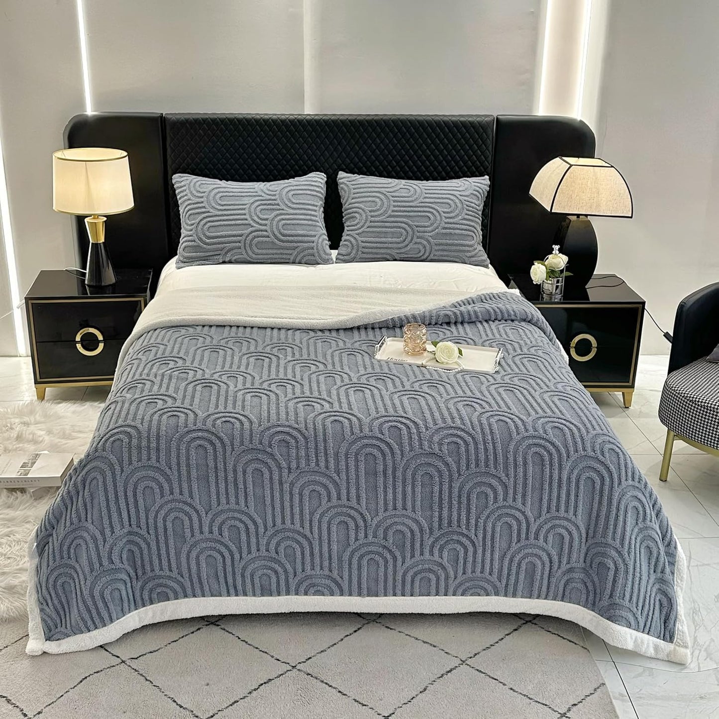 UKELER Sherpa Fleece Blanket 60 × 80 inch, Ultra Soft Twin Size Throw Blanket for All Season, Cozy Plush Arch Blankets for Bed Couch Sofa Office Camping, Blue Grey