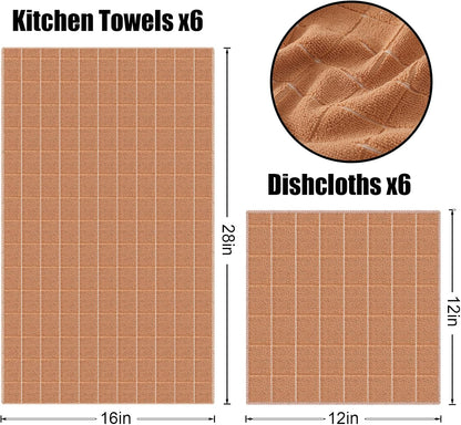 Homaxy Microfiber Kitchen Towels and Dishcloths Set, 12 Pack Soft and Absorbent Dish Hand Towels Bulk, 28 x 16 Inch & 12 x 12 Inch Quick Drying Rags for Washing Dishes, Camel
