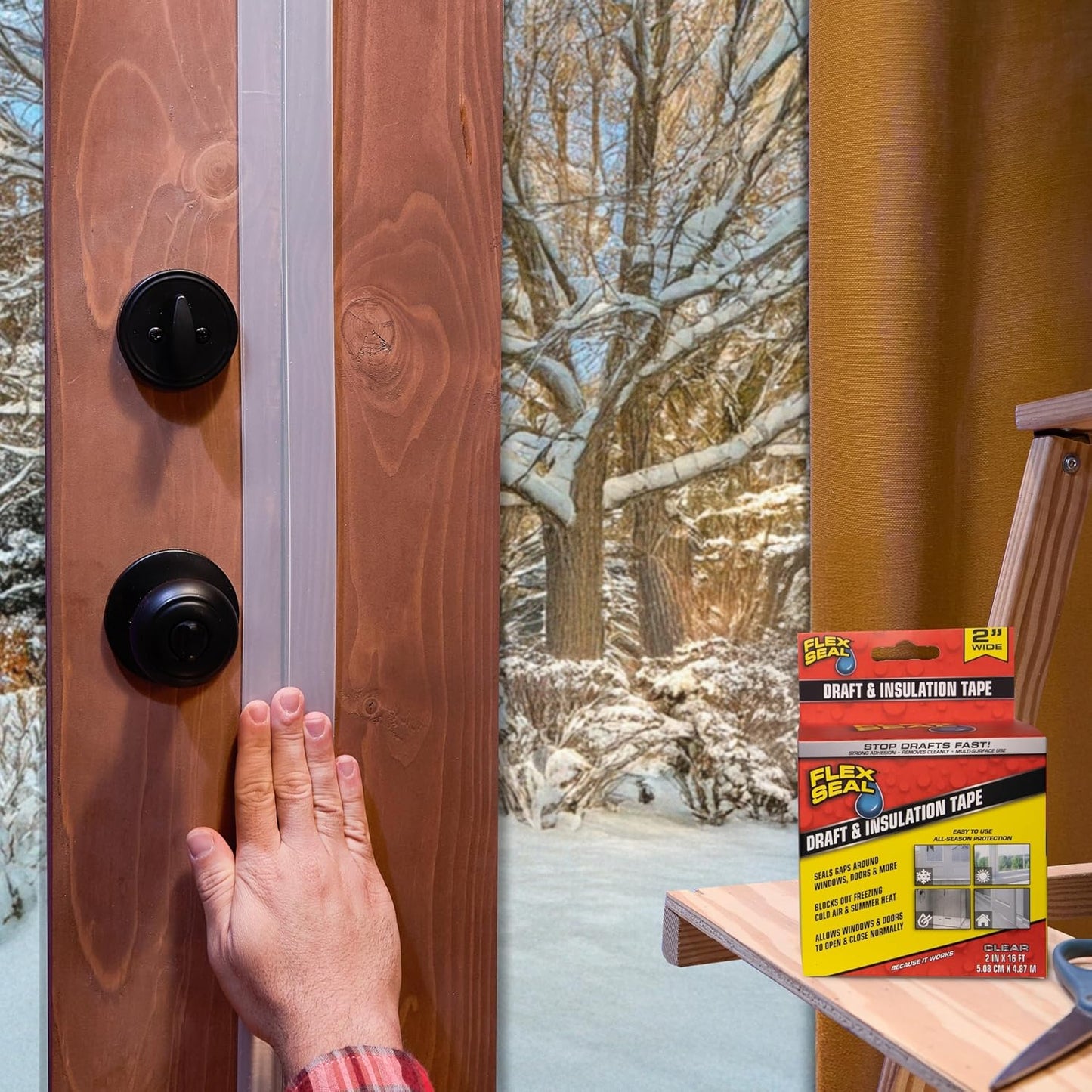 Flex Seal Draft and Insulation Sealing Tape, Flexible, Rubberized, Weatherproof Strip for Windows, Doors, Vents, Works on Wood, Glass, Tile, Metal, Plastic, Fiberglass, Clear, 2 in x 16 ft, Pack of 1