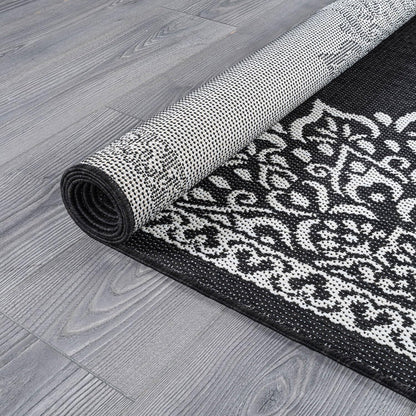 CAMILSON Outdoor Rug, 9x12 Medallion Black White Modern Area Rugs for Large Indoor and Outdoor Patios, Kitchen and Hallway Mats, Washable Porch Deck Outside Carpet (Medallion Black, 9 x 12)