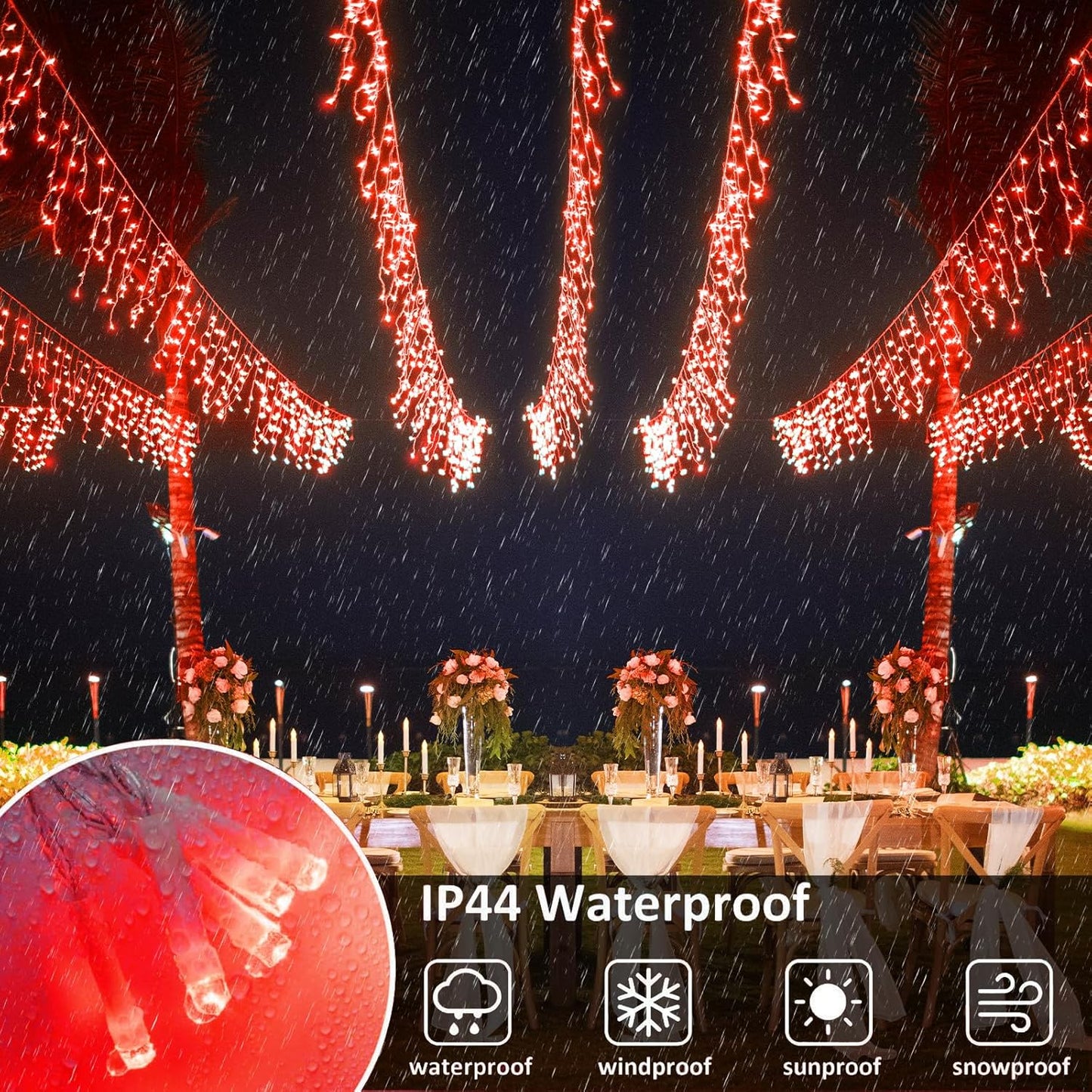Icicle Lights for Outside, 33FT 400 LED Christmas Lights with 8 Modes 75 Drops, Waterproof Plug in Curtain String Light for Outdoor Indoor House Patio Fence Wedding Decorations, Red
