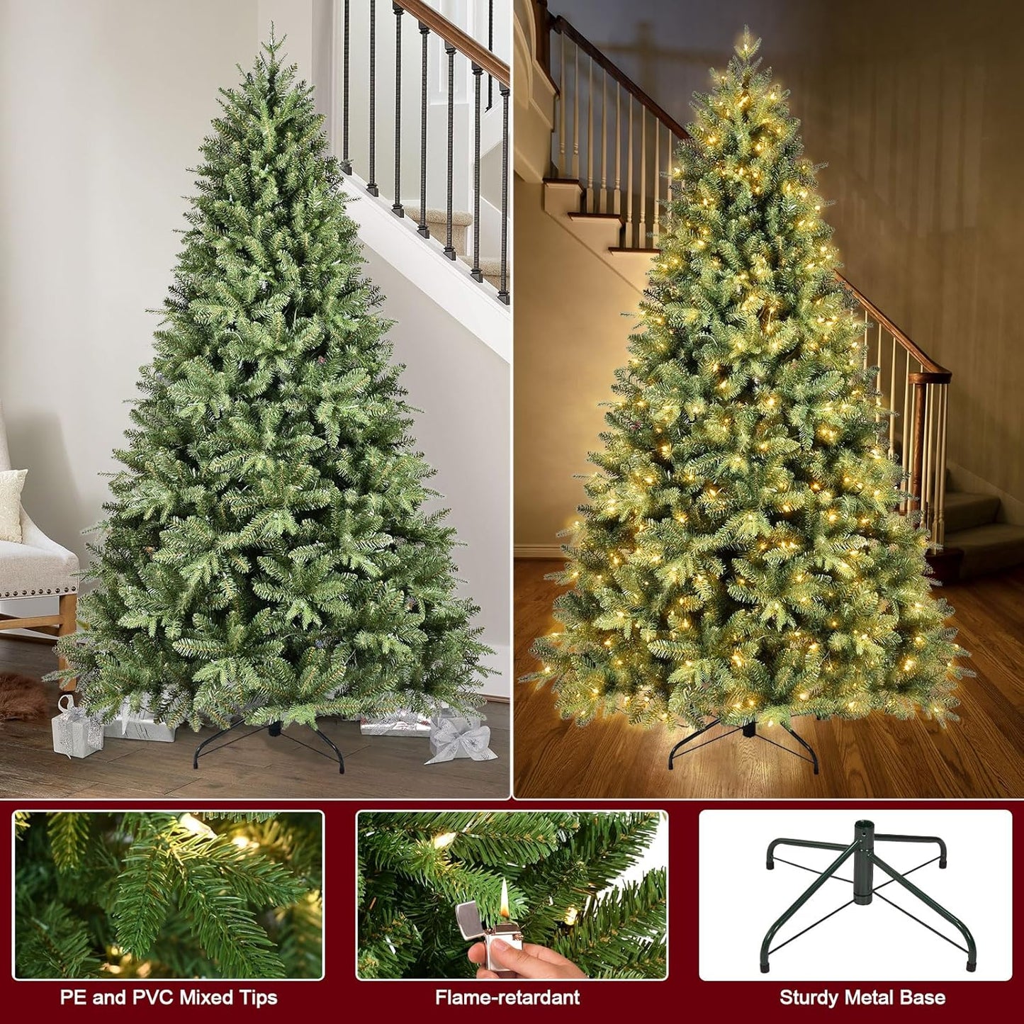 7.5 FT Prelit Christmas Tree with 550 Warm White Lights, 2359 PE&PVC Mixed Branch Tips, Hinged Premium Spruce Artificial Xmas Trees, Green, Foldable Base