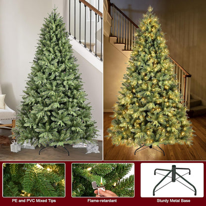 8FT Pre-Lit Artificial Christmas Tree with 2748 PE&PVC Mixed Branch Tips, 600 Warm White Lights, Hinged Premium Spruce Fake Xmas Trees, Green, Foldable Base